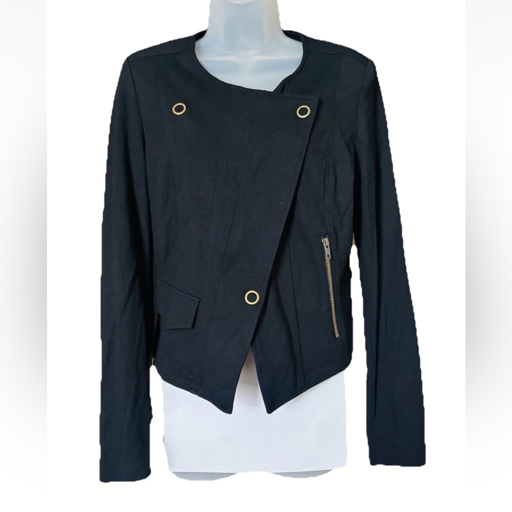 CAbi #615 Moto Blazer Jacket Womens Size S Black Ponte Knit Asymmetrical Zip